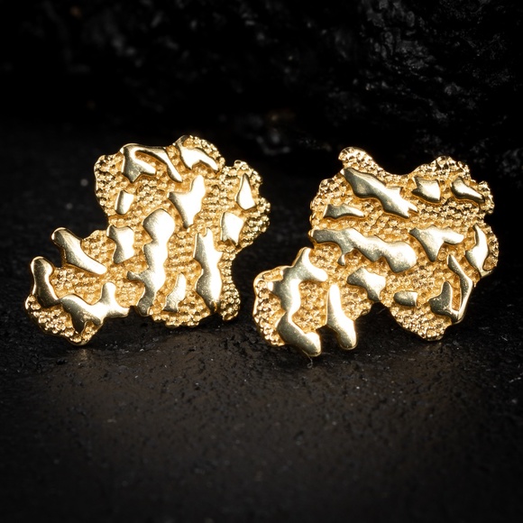 Mens 14k Yellow Gold Nugget 925 Sterling Silver Hip Hop Large Stud Earrings - Picture 1 of 5